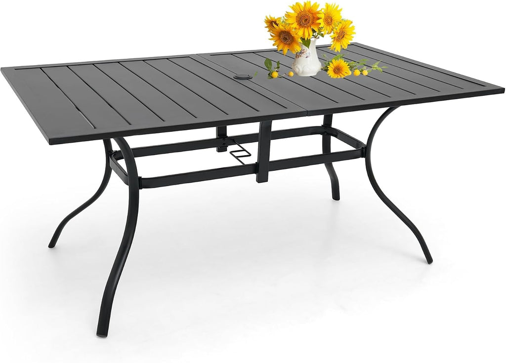 Anmutig 63" Rectangular Outdoor Dining Table, Metal Patio Table for 6 | Powder-Coated Steel Frame, Weather-Resistant Design, Slatted Metal Tabletop, Adjustable Umbrella Hole, Patio, Backyard Use