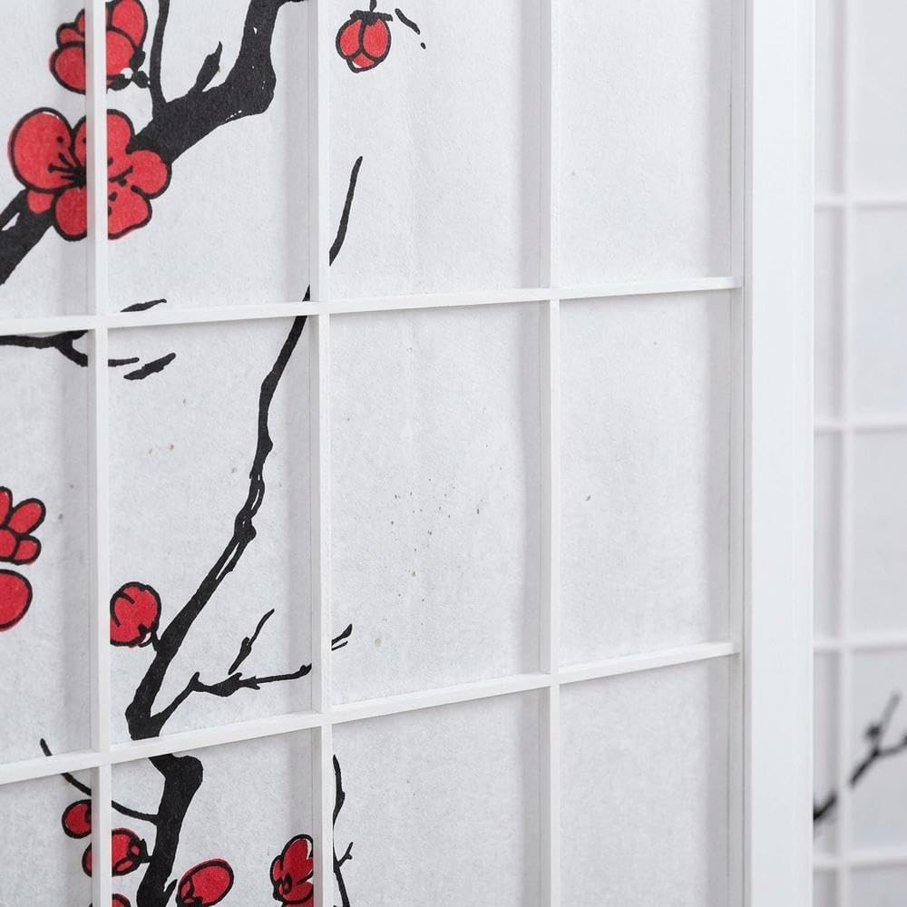 FurniFact White 4-Panel Wood Room Divider, Folding Privacy Screen, Fabric Panels, Floral Print, Oriental Style, 70 Inch, Freestanding