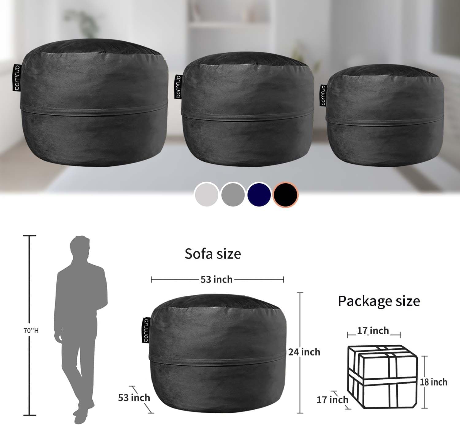 5FT Bean Bag Chair for Adults Memory Foam, Dutch Velvet Cover, Black | Gaming Cozy Chair, Oversized Bean Bag with Backrest & Armrests, Supports Reading, Gaming, Relaxing in Bedrooms, Living Rooms