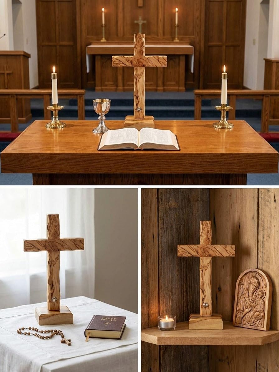 King David Market Olive Wood Standing Table Cross (8 Inch), Plain Wooden Altar Cross with Decorative Natural Stone from Jerusalem, Handcrafted in the Holy Land