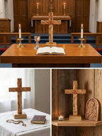King David Market Olive Wood Standing Table Cross (8 Inch), Plain Wooden Altar Cross with Decorative Natural Stone from Jerusalem, Handcrafted in the Holy Land