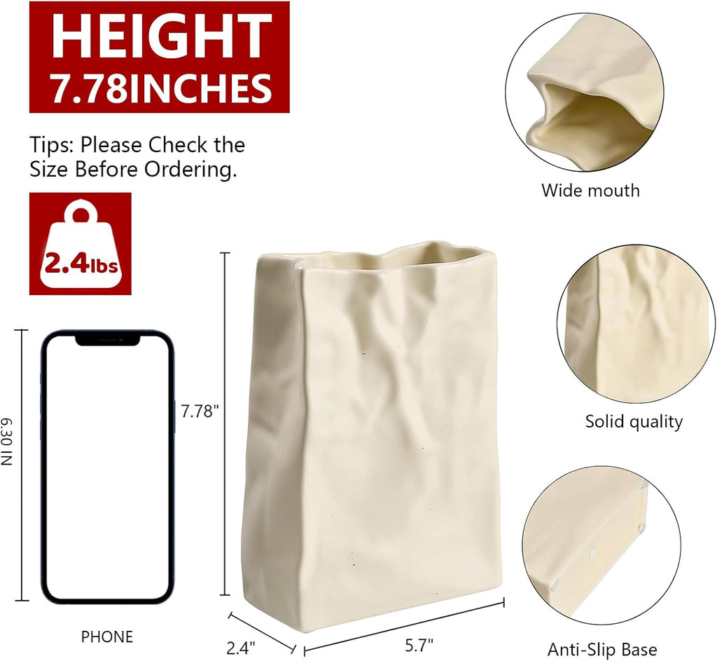 Relexome Paper Bag Vase Crinkle Wide Ceramic Flower Vase Cream White Boho Wabi-Sabi Vases, Cute Home Office Living Room Decor Aesthetic Unique Bookshelf Decorative, Bouquet Gifts for Women Girl 8 Inch