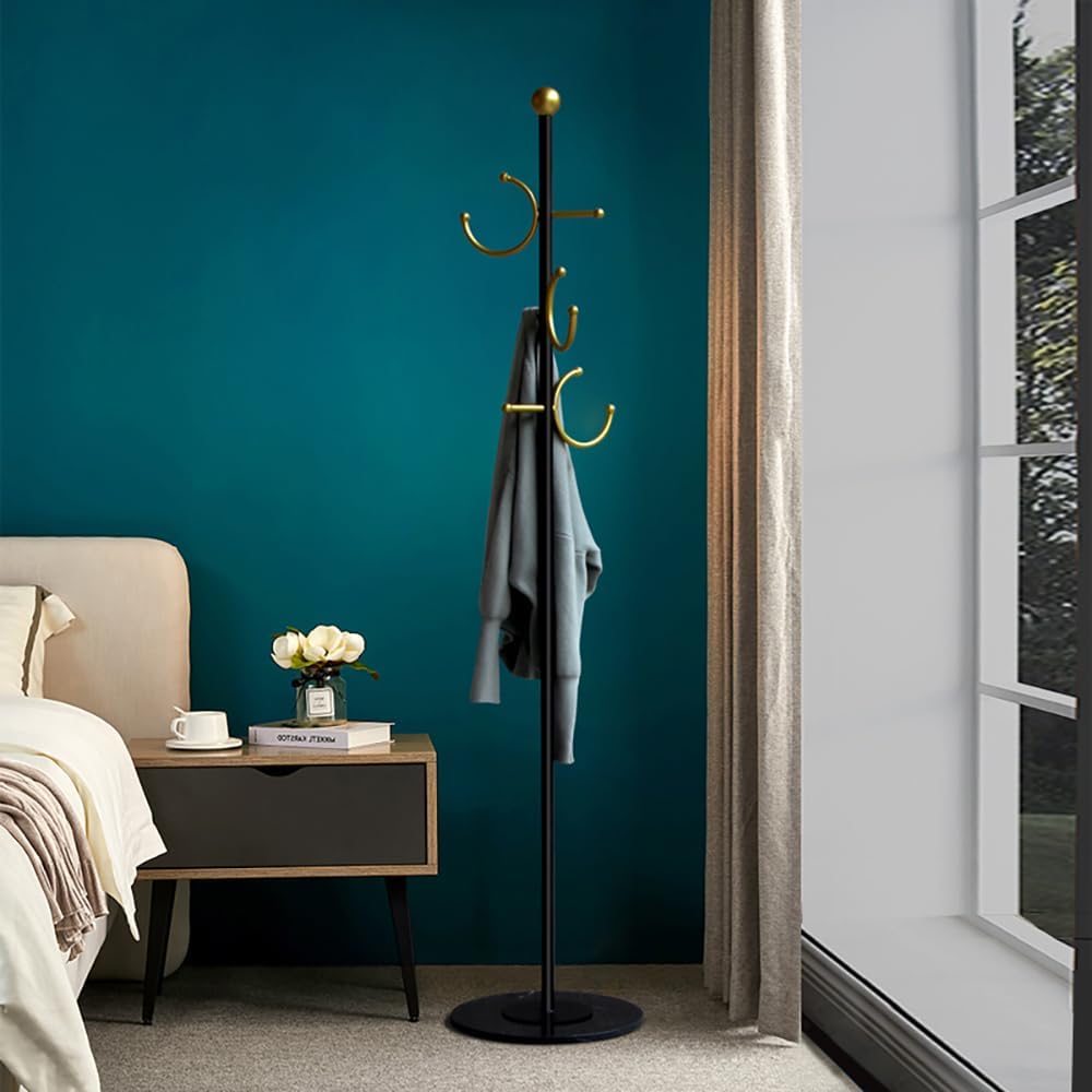 JIAYUEJU Coat Rack Freestanding Corner Coat Tree Hat Rack Stand with Heavy duty Marble Base & 6 Hooks for Entryway, Hallway, Living Room, Bedroom, Hotel, Office 14.57”x 14.57”x 66.93”