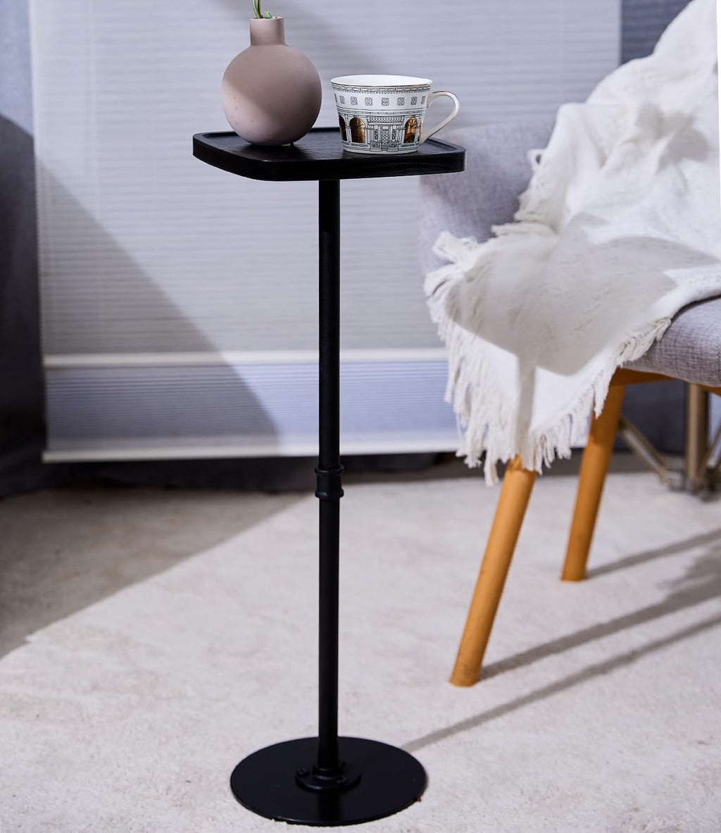Drink Table, Small Pedestal Side Table, Cocktail Martini Tables Drink Stand, Modern Square Tiny Accent End Table with Metal Base for Small Spaces Living Room Bedroom Office Bar (Black)