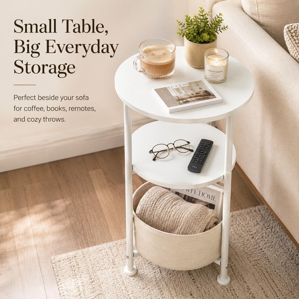 Small Round Side Table with Storage Basket, 3-Tier Narrow End Table Nightstand for Living Room Bedroom, 11.8" Diameter Modern Bedside Table for Small Spaces, Wood Grain & Metal Frame (White)