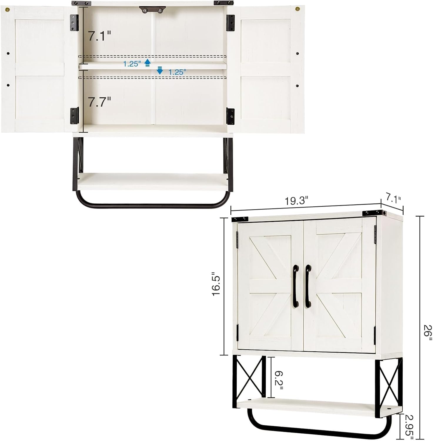 RUSTOWN Farmhouse Medicine Cabinet with 2 Barn Door, Wood Wall Mounted Storage Cabinet with Adjustable Shelf and Towel Bar, 3-Tier Bathroom Cabinet for Bathroom, Living Room(Vintage White, Medium)