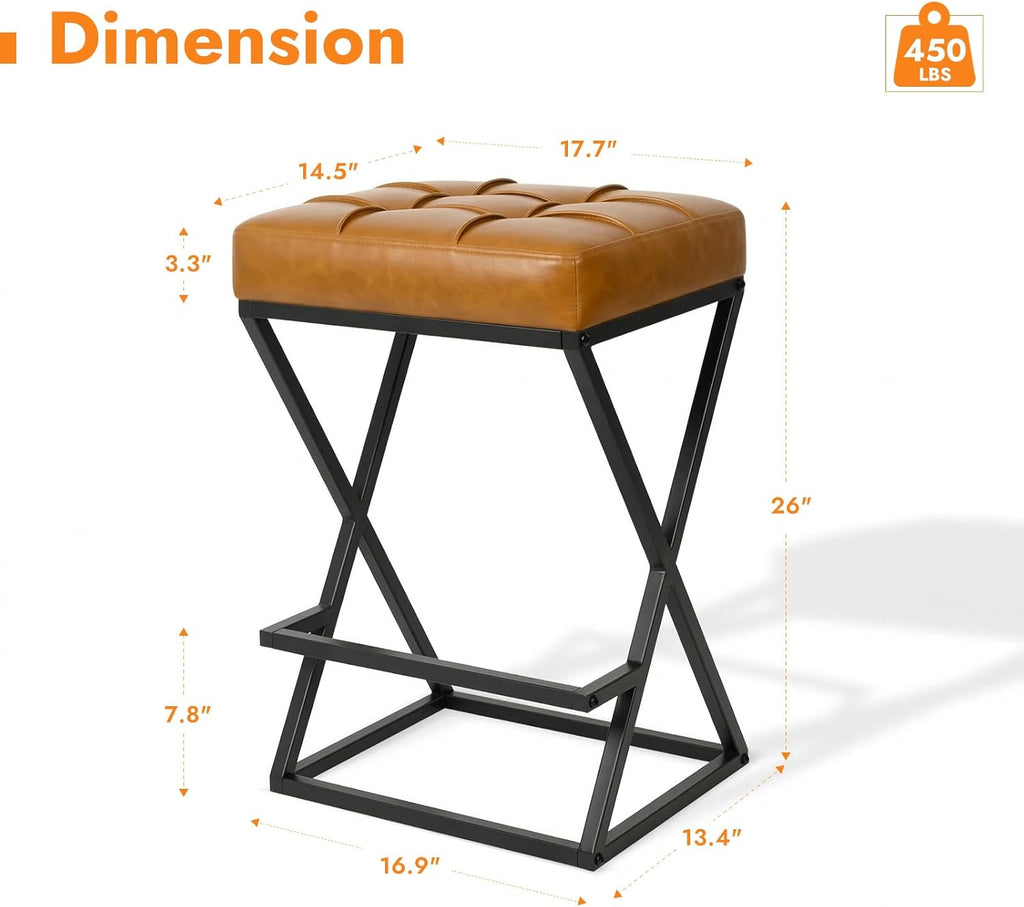 26 Inch Counter Height Bar Stools Set of 2, Backless Bar Stools for Kitchen Island, Faux Leather Upholstered Seat Modern Counter Stools with X-Frame Metal Legs and Footrest Walnut Brown