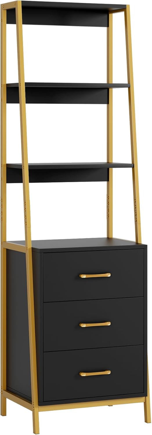HITHOS Black Gold 4-Tier Bookshelf, Tall Bookcase with 3 Wooden Drawers, Modern Ladder Book Shlef Storage Organizer for Living Room, Entryway, Office