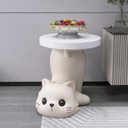 Creative Resin Cat Side Table with Tray, Multifunctional Accent Table for Small Spaces, Cartoon End Tables for Living Room, Bedroom or Entryway(Beige)