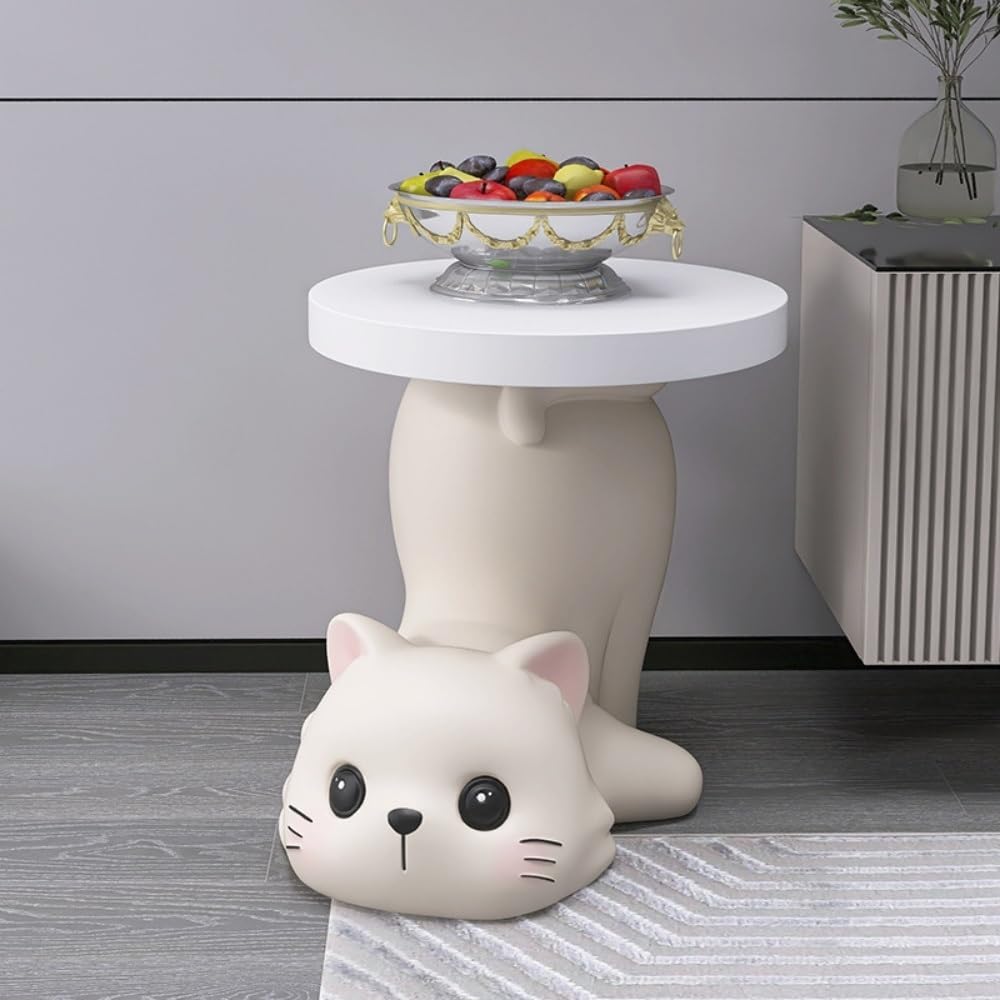 Creative Resin Cat Side Table with Tray, Multifunctional Accent Table for Small Spaces, Cartoon End Tables for Living Room, Bedroom or Entryway(Beige)