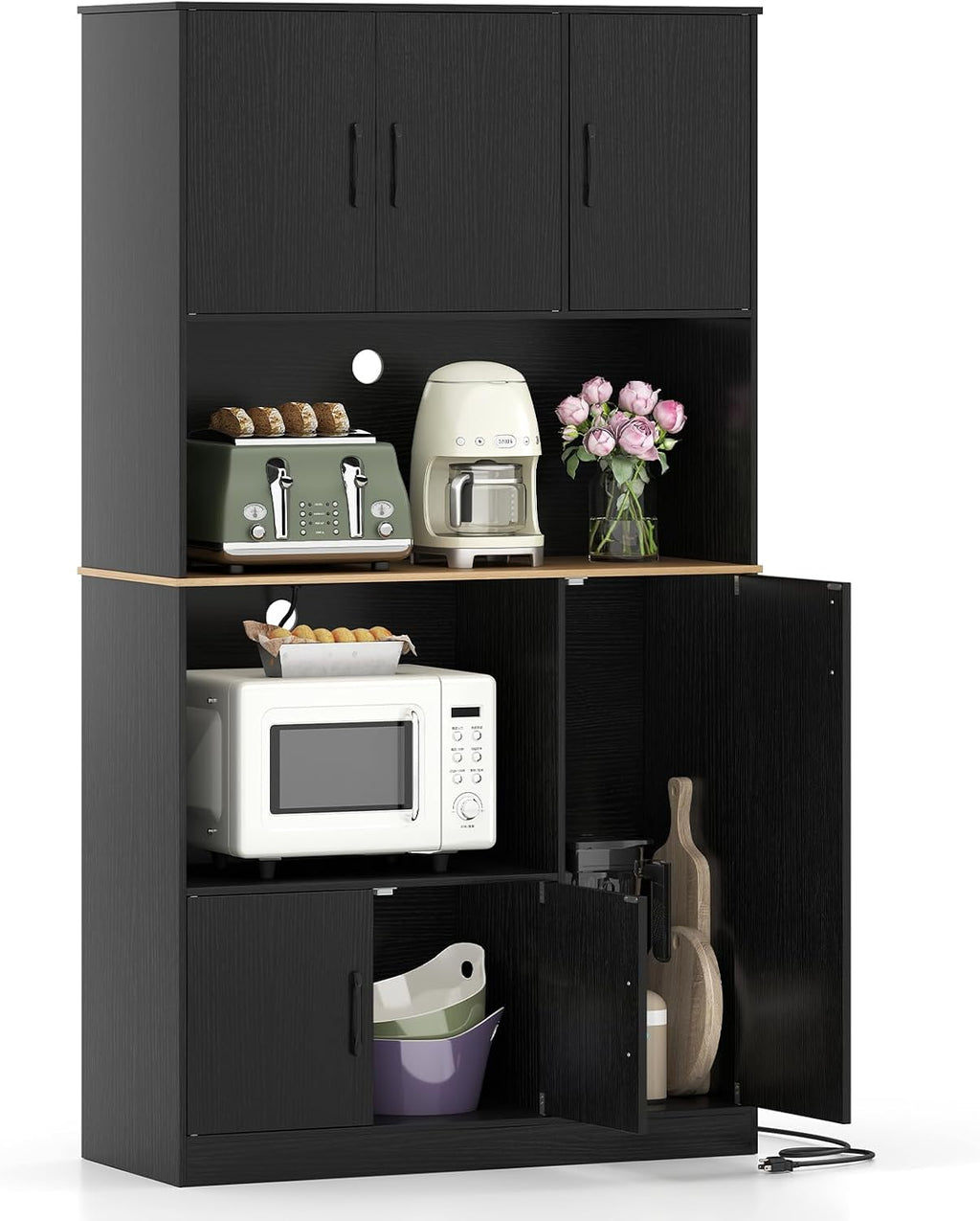 71" Large Kitchen Hutch with Power Outlet, Freestanding Pantry Cabinet with Microwave Shelf, Kitchen Cabinet with Countertop, Dining Room Hutch
