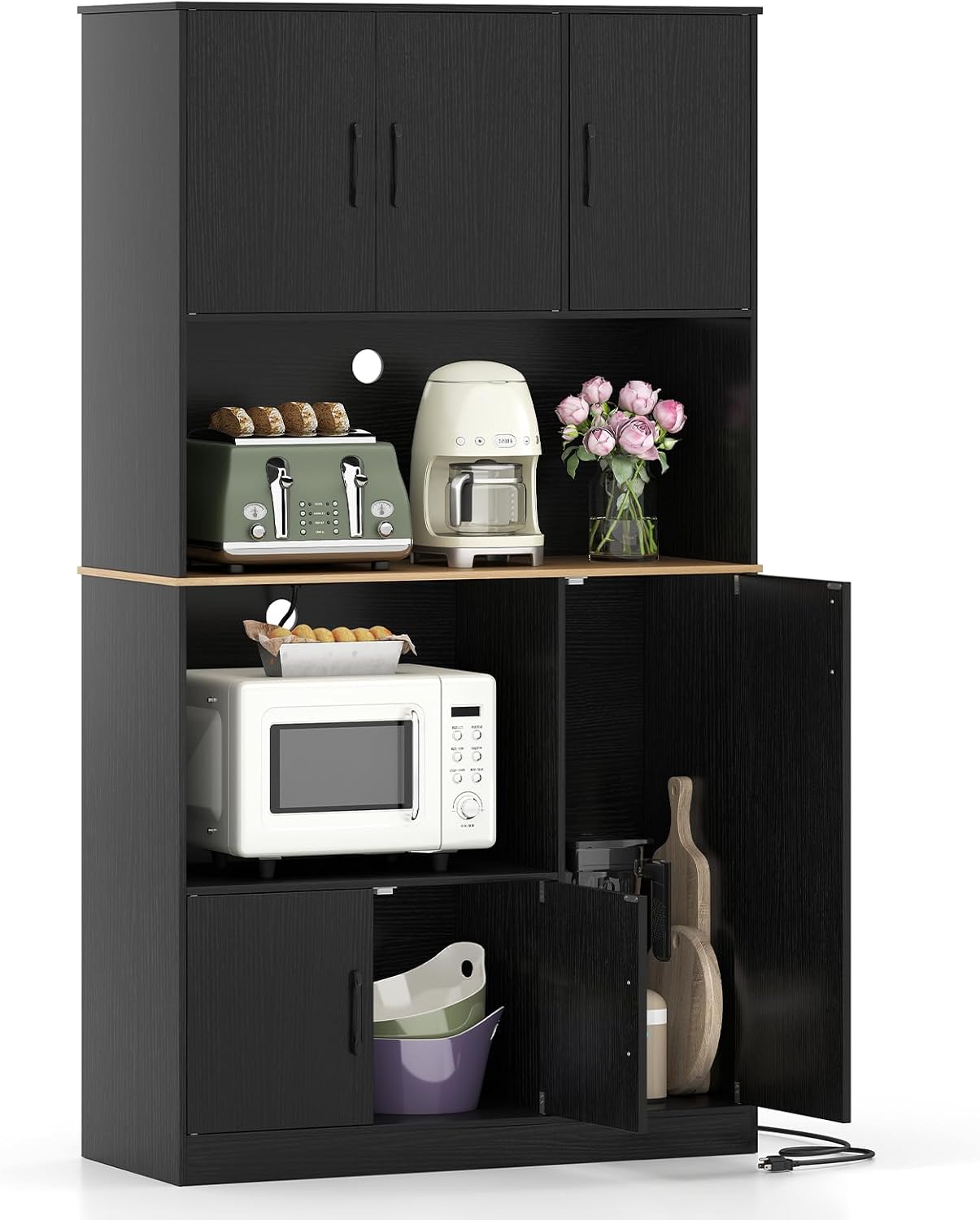71" Large Kitchen Hutch with Power Outlet, Freestanding Pantry Cabinet with Microwave Shelf, Kitchen Cabinet with Countertop, Dining Room Hutch