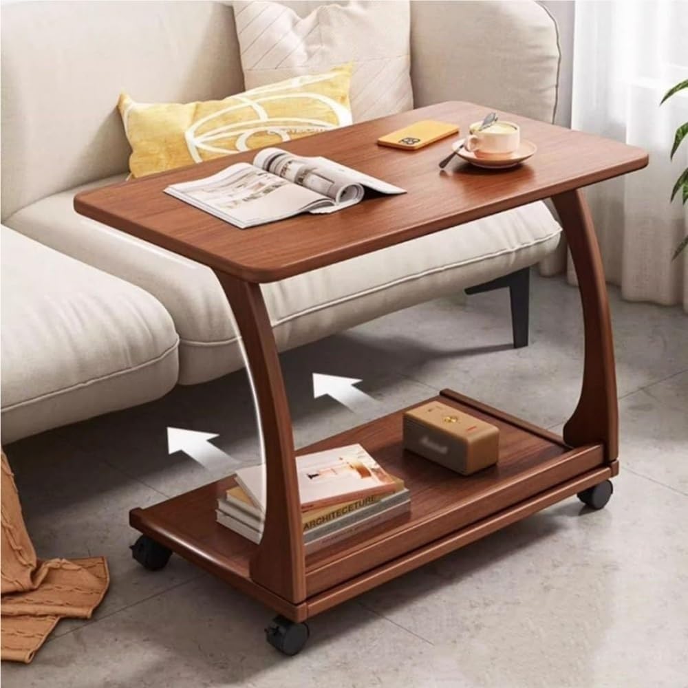 Mobile C-Shaped End Table with Wheels Wood Snack Table Rolling Sofa Side Table Slides Under Couch for Living Room Small Spaces Heavy Duty(Brown,80 cm)