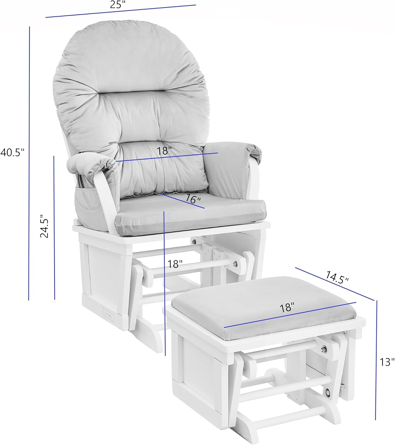 Glider and Ottoman White Wood and Pink Fabric