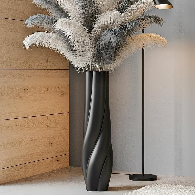 Modern Black Floor Vase, 24 Inch Tall Resin Home Decor Vases, Large Sturdy Vase for Living Room, Office, Bedroom Decor with 5" Opening for Dried Pampas Grass, Branches & Feathers