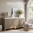 BELLEZE Set of 2 Anton 2 Door Sideboard Buffet Cabinet with Travertine-Look Top, Fluted Reeded Doors, Adjustable Shelf Storage Credenza for Dining Room Living Room Entryway, Travertine Greige