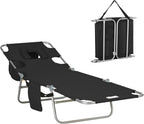 Tanning Chair, Folding Beach Lounge Chair with Face Hole and Arm Slots, 5-Position Adjustable Sun Tanning Chair with Pillow and Side Pocket, Portable Chaise Lounge for Patio Pool Outdoor, Black