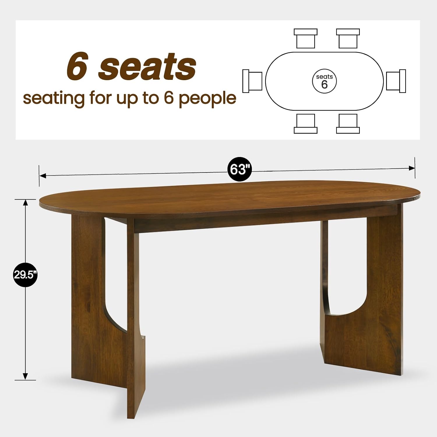 VESCASA 63" L Walnut Wood Oval Dining Table for 6, Solid Wood Kitchen Table with Wooden Legs for Dining Room, Restaurant