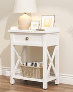 karlott 28" Nightstand with Charging Station, Solid Wood Night Stand with Pre-Assembled Drawer, Painted Bedside Table with Storage Shelf, Farmhouse End Side Table for Bedroom, Living Room, White