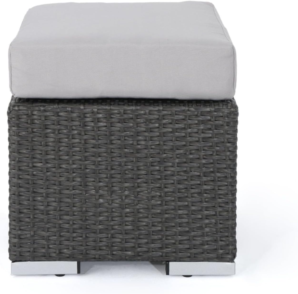 Hassyee PE Rattan Grey Patio Ottoman with Thick Cushions for Poolside, Lawn, Outdoor Square Foot Stool with Iron Frame for Living Room, Garden, Backyard, Classic Footrest