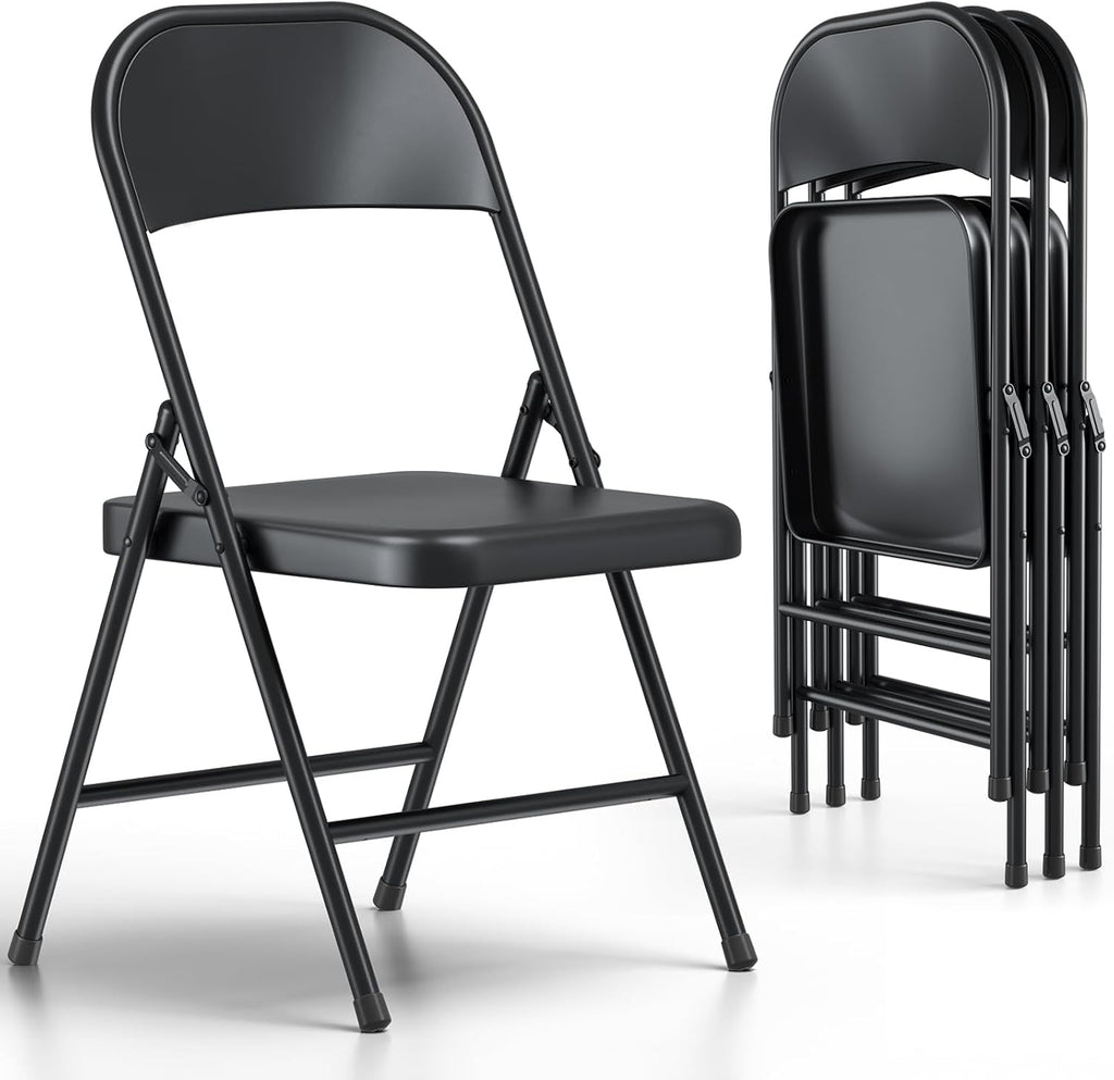 Folding Chairs 4 Pack, Heavy Duty Metal Foldable Chairs, Indoor Outdoor Portable Chair, Event Chair for Wedding Party Banquet Church Kitchen, Load Capacity 360 Lbs, All-Iron Material (Black)