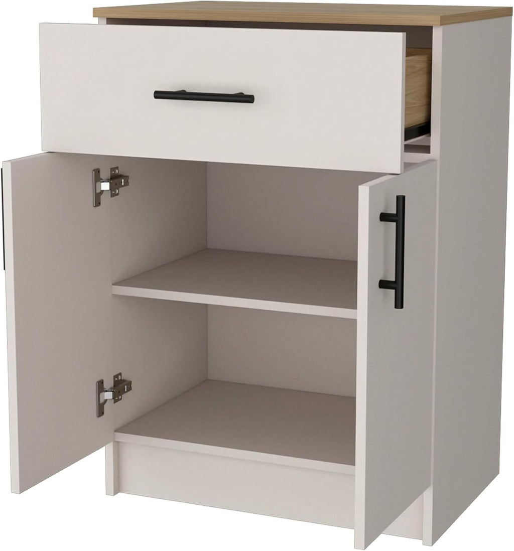23.6" D*15.9" W*33.5" H Freestanding Kitchen Pantry with Dawer & Shelf, Lower Double Door, Natural Wood Top, Rectangular Wood Storage Cabinet, Modern, for Living Room, Dining Room, White