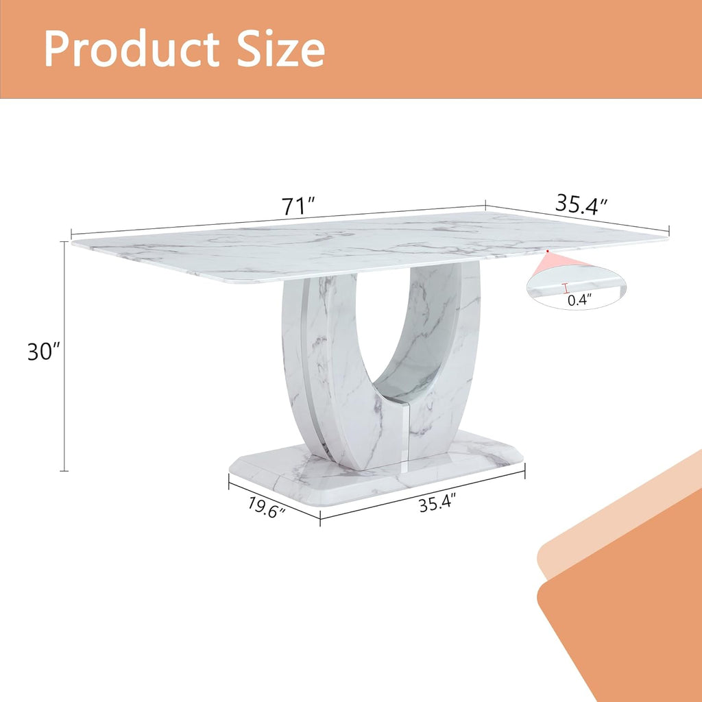 JUFU Modern 71" Faux Marble Dining Table for 6 to 8 People, Large Rectangular Kitchen Table with White Elegant U-Shaped Pedestal Base, Executive Furniture for Dining Room and Office
