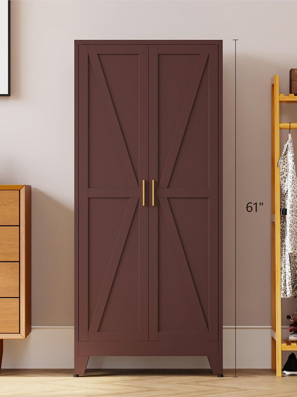 Washsemba 61" Tall Farmhouse Metal Pantry Cabinet, Kitchen Pantry Storage Cabinets with 2 Barn Door and Adjustable Shelves,for Kitchen,Laundry Room,Home Office,Kids Room （Burgundy）