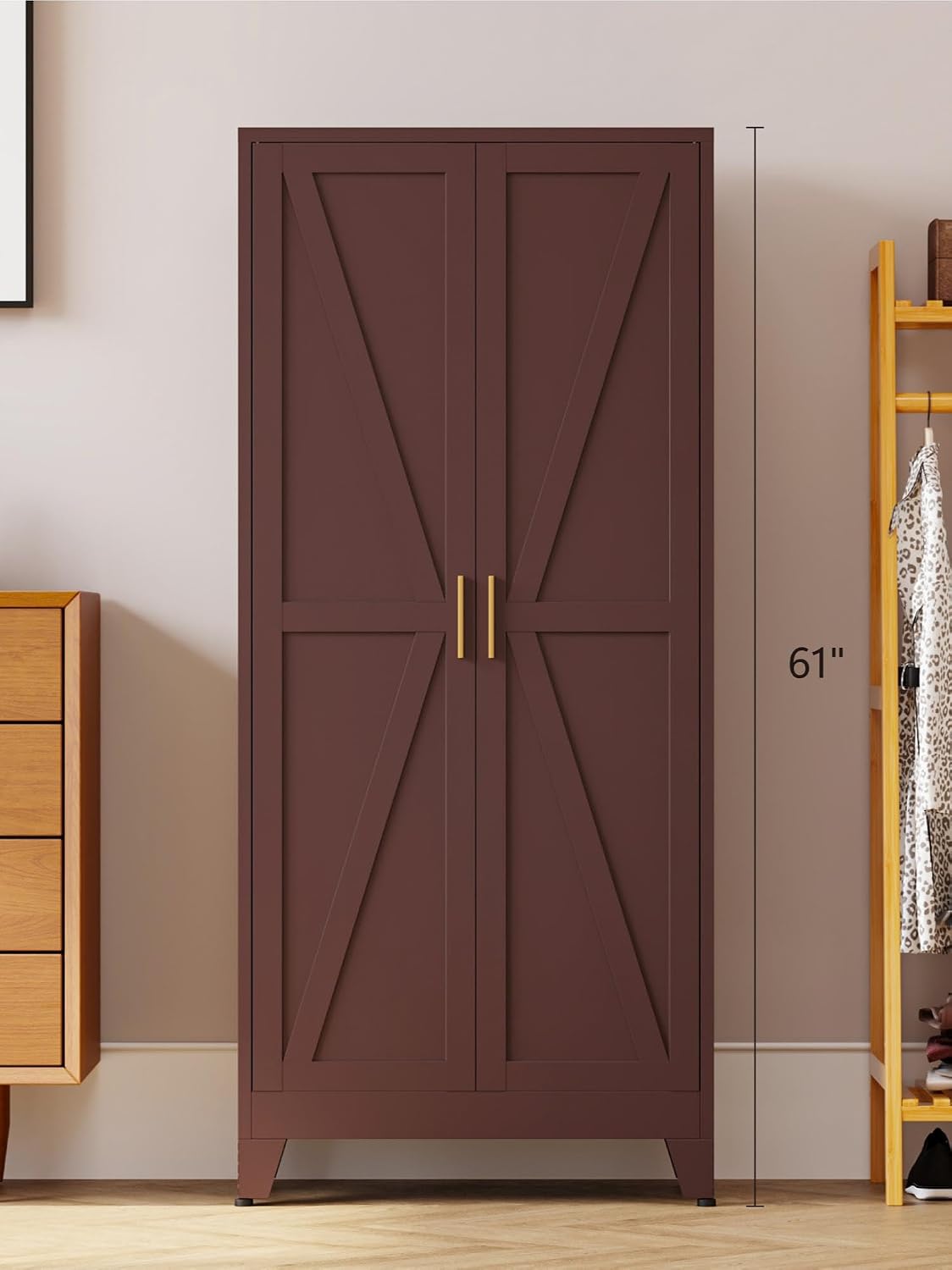 Washsemba 61" Tall Farmhouse Metal Pantry Cabinet, Kitchen Pantry Storage Cabinets with 2 Barn Door and Adjustable Shelves,for Kitchen,Laundry Room,Home Office,Kids Room （Burgundy）