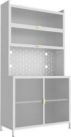 73'' Kitchen Pantry Storage Cabinet with Large Countertop, Modern Hutch Cabinets with Glass Doors&Adjustable Shelves and Microwave Stand, Pantry Cabinets Buffet Cabinet for Dining Room (White)