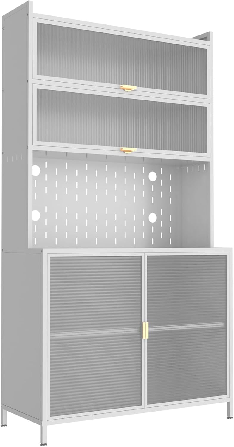 73'' Kitchen Pantry Storage Cabinet with Large Countertop, Modern Hutch Cabinets with Glass Doors&Adjustable Shelves and Microwave Stand, Pantry Cabinets Buffet Cabinet for Dining Room (White)
