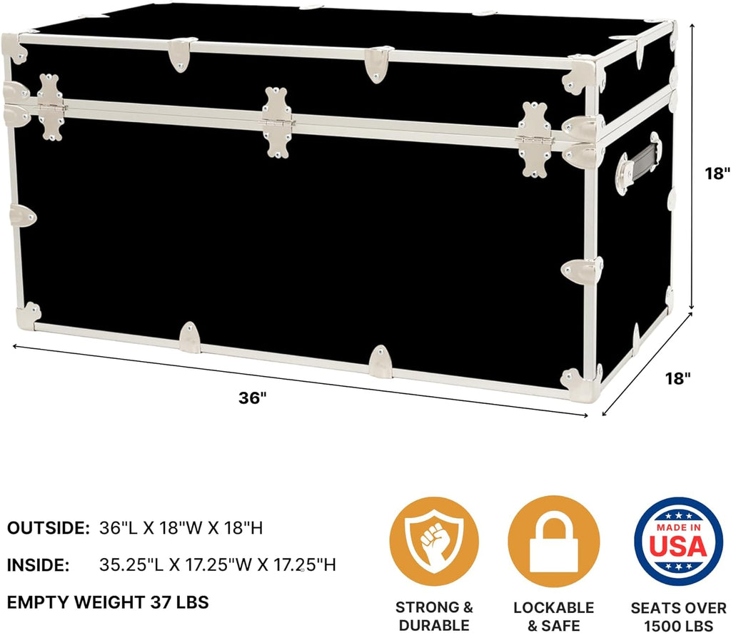 Rhino Trunk & Case Classic XXL Home Storage & College Trunk With Wheels - 36”x18”x18”, Seats 1500+ lbs, Soft-Close Lid. USA Made Secure Dorm Furniture, Organization, Steamer Style Blanket Chest