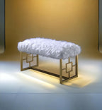 White Faux Fur Gold Bench: Modern Armless Lounge Seat - 21" Height 300lb Capacity - Entryway Bedroom Living Room Accent Furniture
