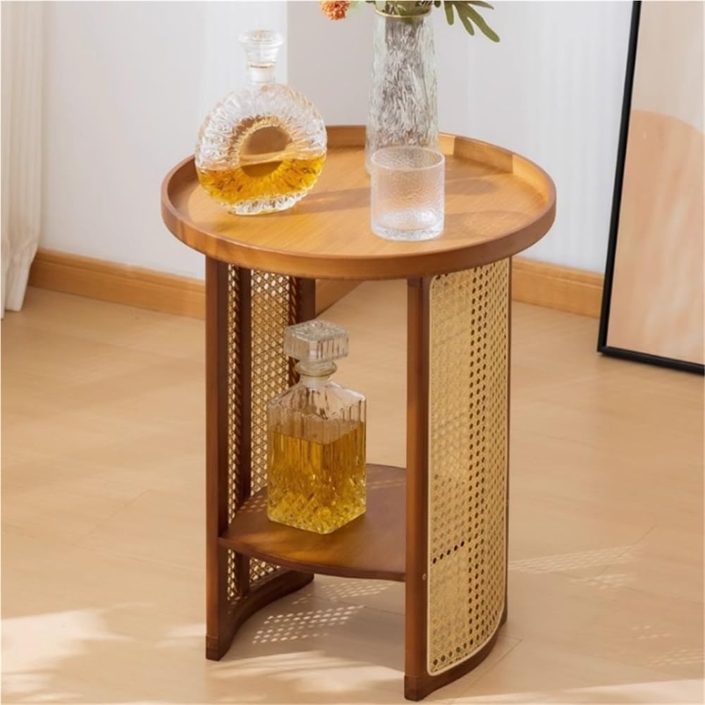 2-Layer Storage End Table, Resin Rattan Small Side Table, Small Round Table with Open Storage, Minimalist Design Sofa Table for Living Room and Balcony(Brown,39cm/15.4in)