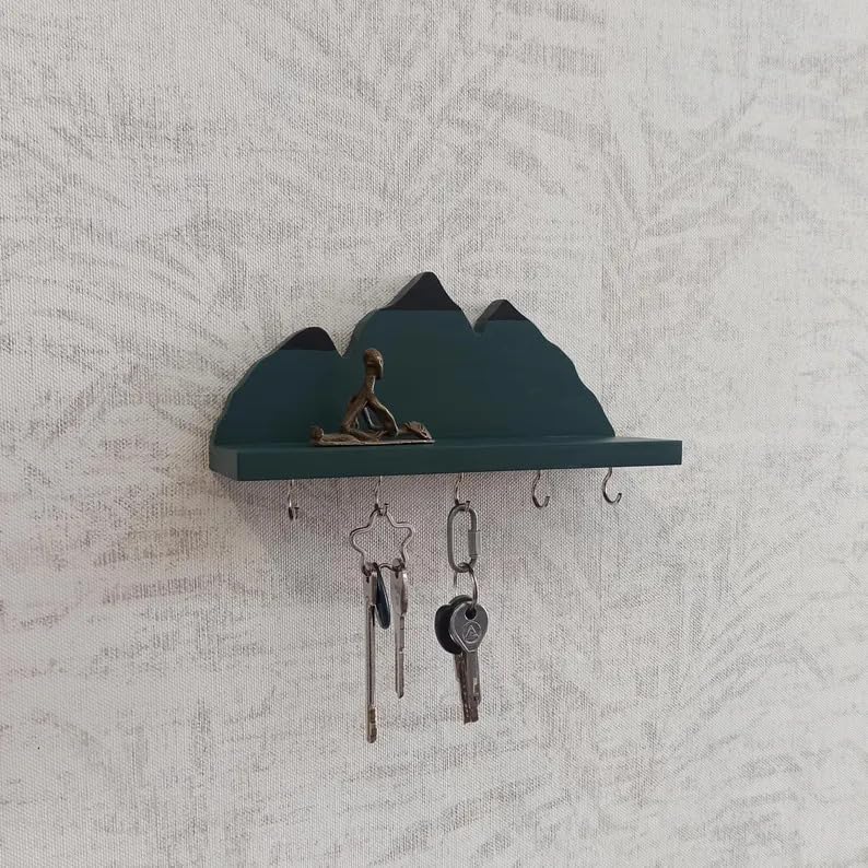 Wooden Mountain Key Holder with Shelf, Rustic Wall Mounted Key Rack, Decorative Entryway Organizer with 5 Hooks, Natural Wood Home Decor for Entryway Bedroom Kitchen
