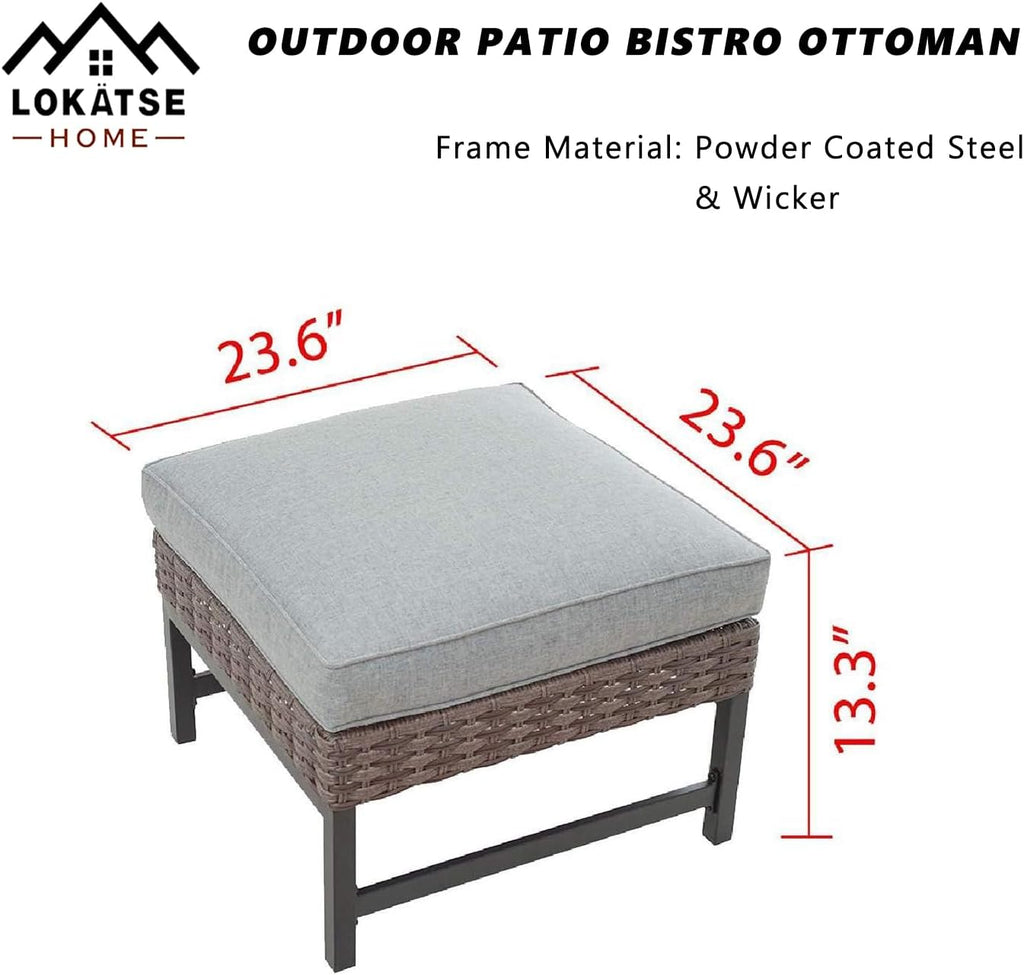 LOKATSE HOME Outdoor Patio Bistro Furniture Ottoman Footstool Rest with Premium Fabric Soft Removable Cushion and Wicker Rattan with Slatted Steel for Garden Yard Lawn Poolside, Grey