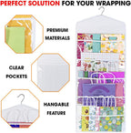 Gift Bag and Tissue Paper Storage, Hanging Organizer with Multiple Front and Back Pockets Double Sided, Organize Gift Wrap and Paper Bags 38 x 16 Inch (White)