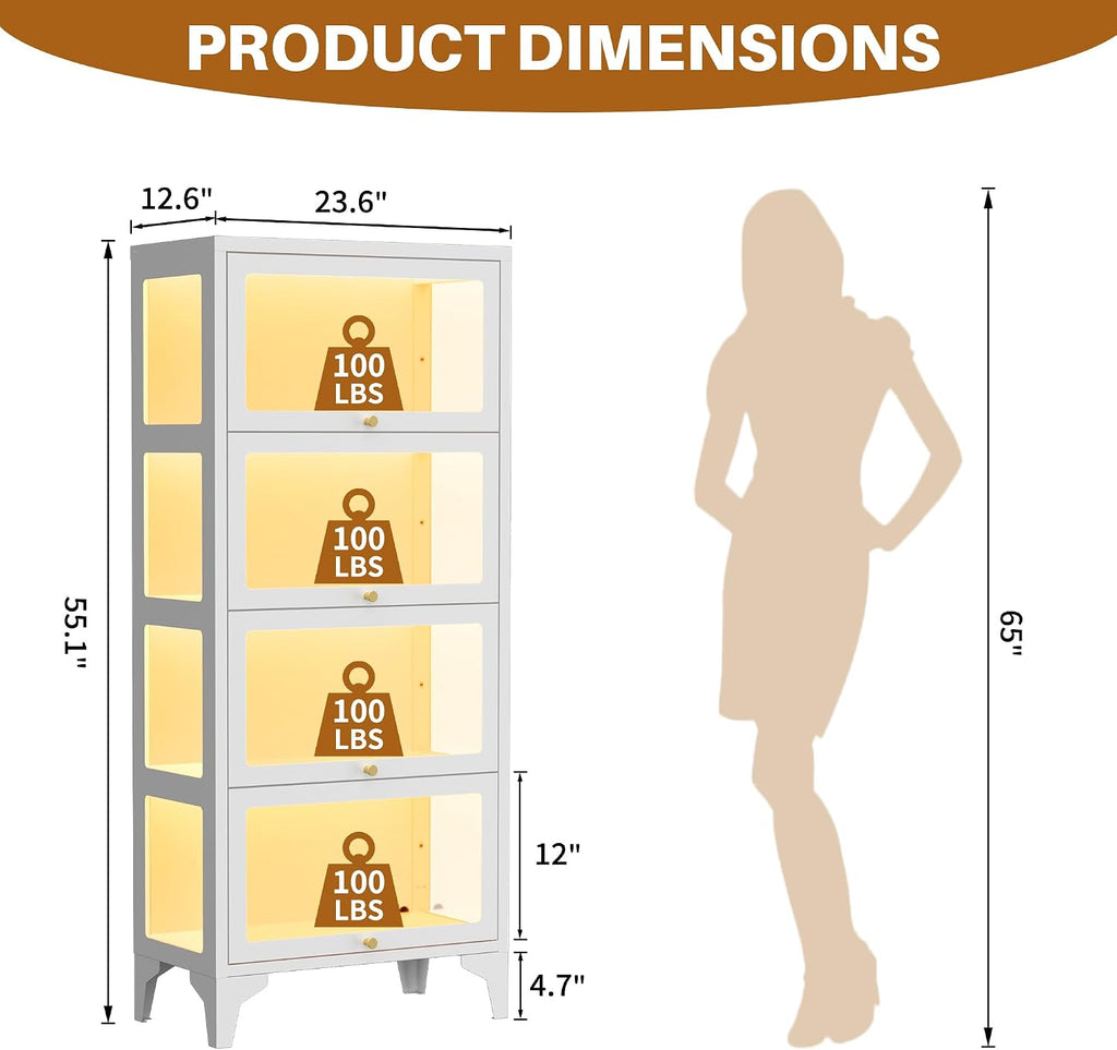 4 Tier Glass Display Cabinet with Flip-Up Doors, 55" Curio Cabinet with 13-Color LED Lights, 3-Side Tempered Glass Display Case for Books, Collectibles, Figures, White