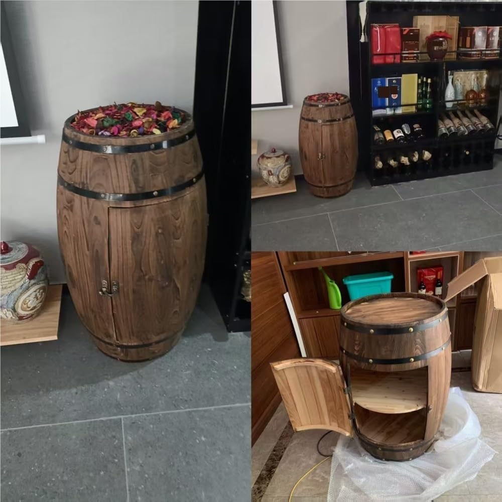 Wooden Barrel Table, Freestanding Whiskey Cabinet with Storage Shelves, Rustic Wine Barrel Decor for Home Bar(19.7x15in)