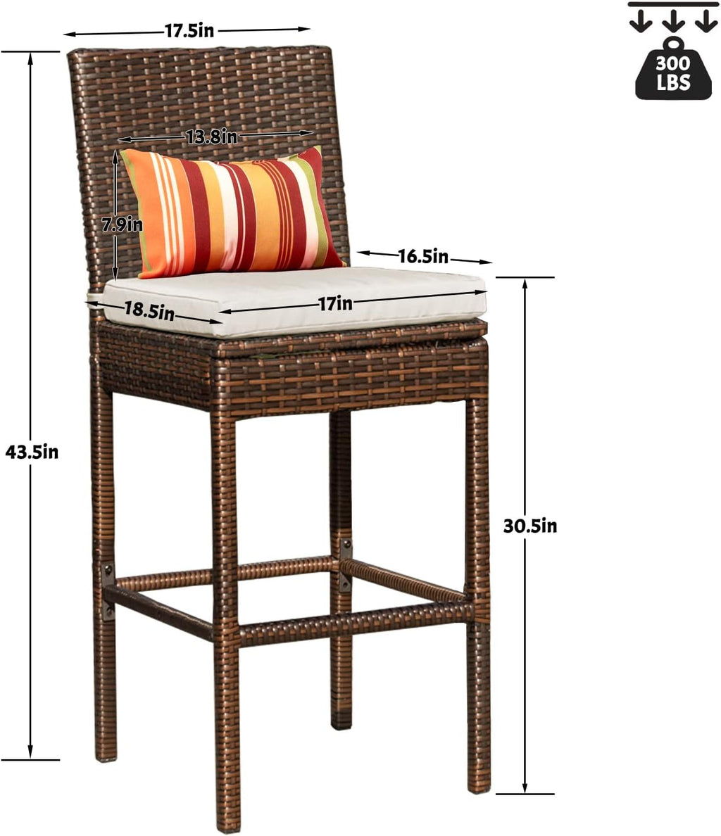 Sundale Outdoor Bar Stools 30 Inch Seat Height Set of 2, Patio Wicker Counter Stools with Back Rest, High Brown Rattan Chair with Pillow & Beige Cushion, All-Weather Armless Tall Pub Barstool