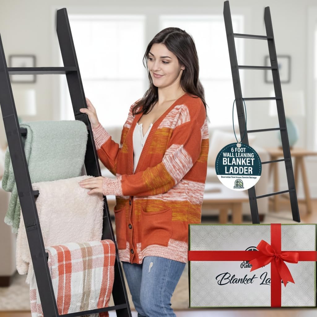 Blanket Ladder for The Living Room and Bedroom, 5ft 8 inch, 6-Tier Wall Leaning Laminate Snag Free Material (Black) Rustic Decorative Farmhouse Blanket Holder Rack, Quilt Rack Shelf, Easy Assembly