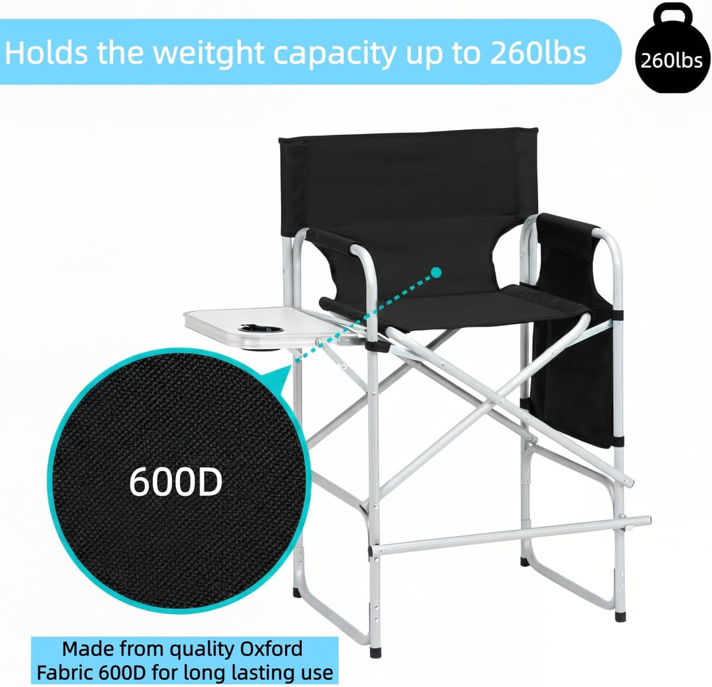 26.5" High Folding Directors Chair with Footrest, Side Table & Cup Holders - Portable for Camping, Fishing, Makeup Studios, and Indoor/Outdoor Use (Black)