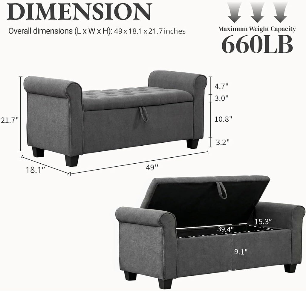 End of Bed Storage Bench for Bedroom, 49" Upholstered Storage Ottoman with Rolled Arms, Rivet Polyester Fabric Ottoman Bench for Bedroom, Living Room, Window, Entryway, Dark Gray
