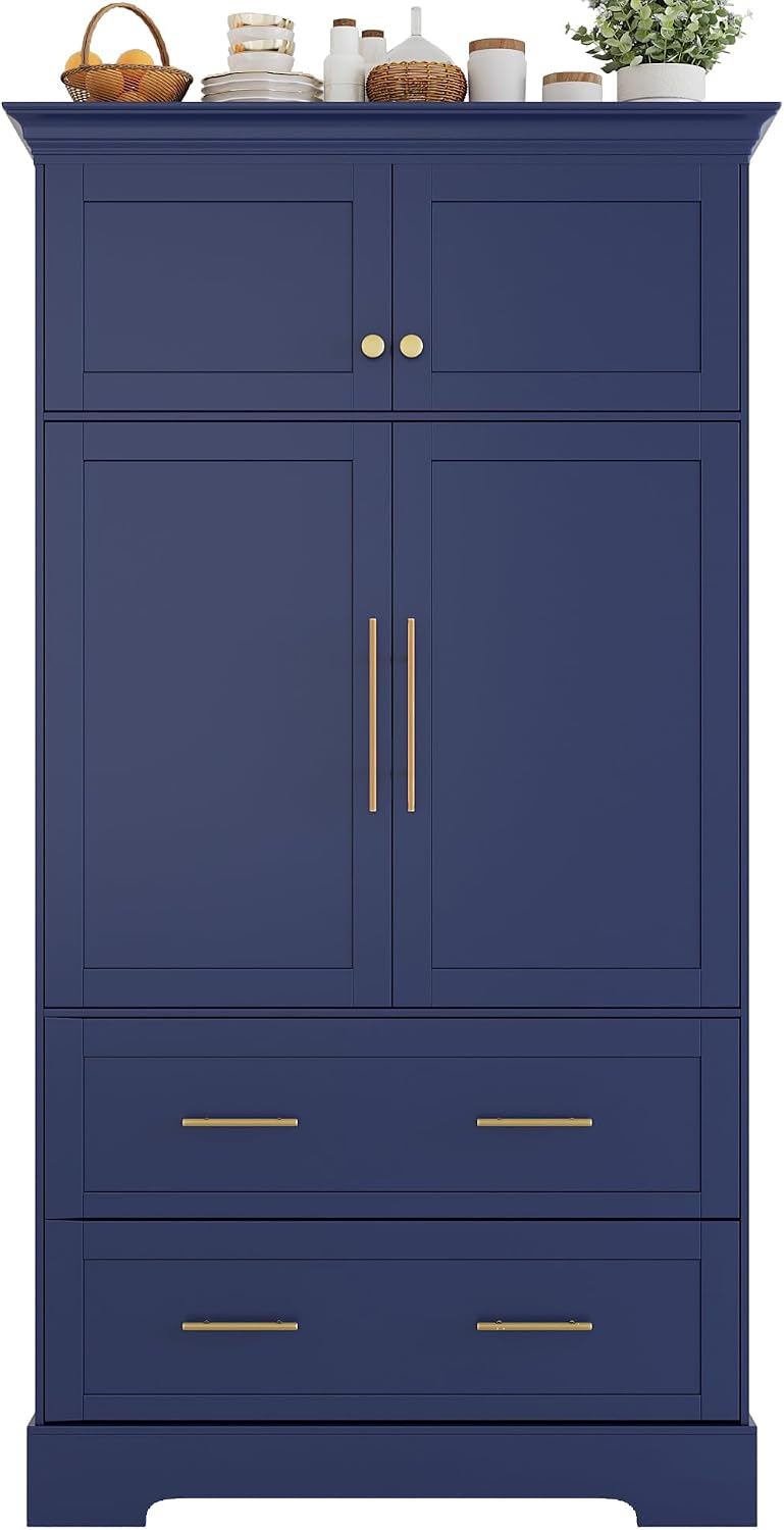 Farmhouse Kitchen Pantry Cabinet, Tall Freestanding Cupboard with Pull-Out Trays, Drawers and Cake Pan Storage Organizer for Kitchen, Dining Room (Blue)