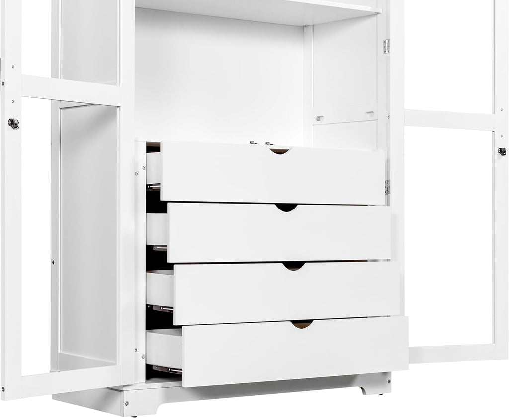 LUMISOL 75" Tall Kitchen Pantry with 4 Built-in Drawers, Kitchen Storage Cabinet with Glass Doors, Display Cabinet for Living Room Dining Room Office, White