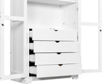 LUMISOL 75" Tall Kitchen Pantry with 4 Built-in Drawers, Kitchen Storage Cabinet with Glass Doors, Display Cabinet for Living Room Dining Room Office, White