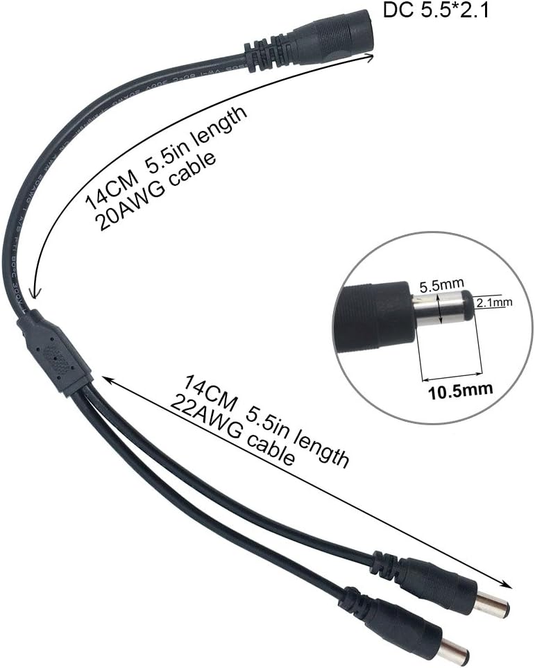 Litever Power Splitter, 2 Way, 1 Female Jack to 2 Male Plugs, 5.5mm x 2.1mm, 1:2, Y Adaptor Copper Cable, for CCTV Camera & LED Strip Lighting Power Supply Connector