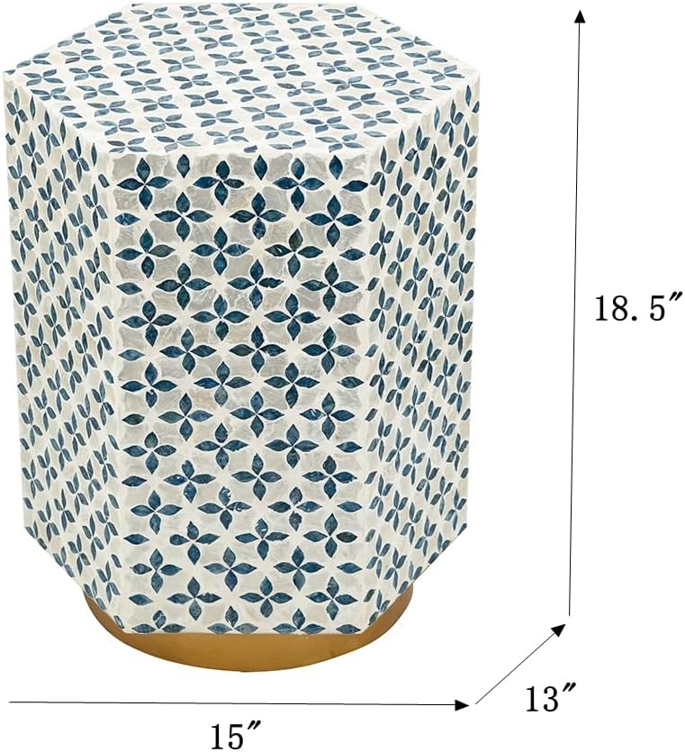 15x13'x18.5' Hexagonal Accent Table with Blue Capiz Design & Gold Base ?Elegant Side Table for Living Room, Bedroom, Office Decor