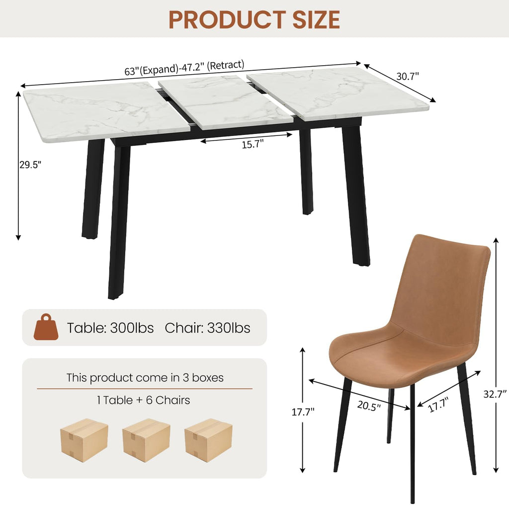 47.2"-63" Extendable Dining Room Table Set for 4-8 People, White | Removable Extension Leaf, Durable MDF Rectangle Tabletop, 6 Brown Sleek Faux Leather Chairs, Heavy Duty Modern Kitchen Table