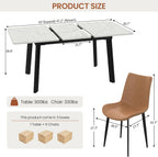 47.2"-63" Extendable Dining Room Table Set for 4-8 People, White | Removable Extension Leaf, Durable MDF Rectangle Tabletop, 6 Brown Sleek Faux Leather Chairs, Heavy Duty Modern Kitchen Table